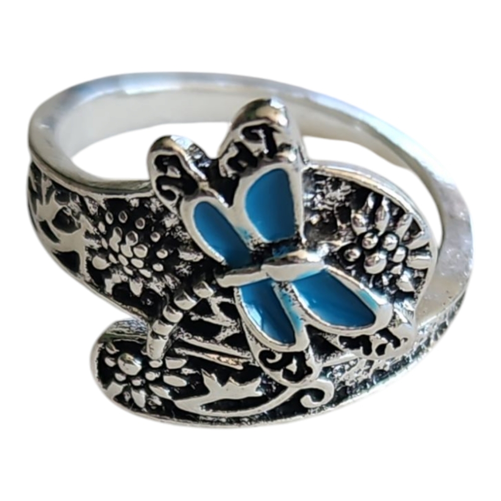 Silver Alloy Adjustable Dragonfly Spoon Ring